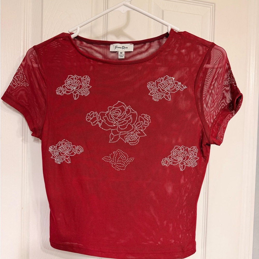 Faded Rose Red Rhinestone Mesh Crop Top